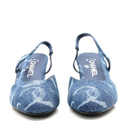 Chanel Printed Denim Cap Toe CC Slingback Pumps 38.5 Dark Blue White 2 of 9