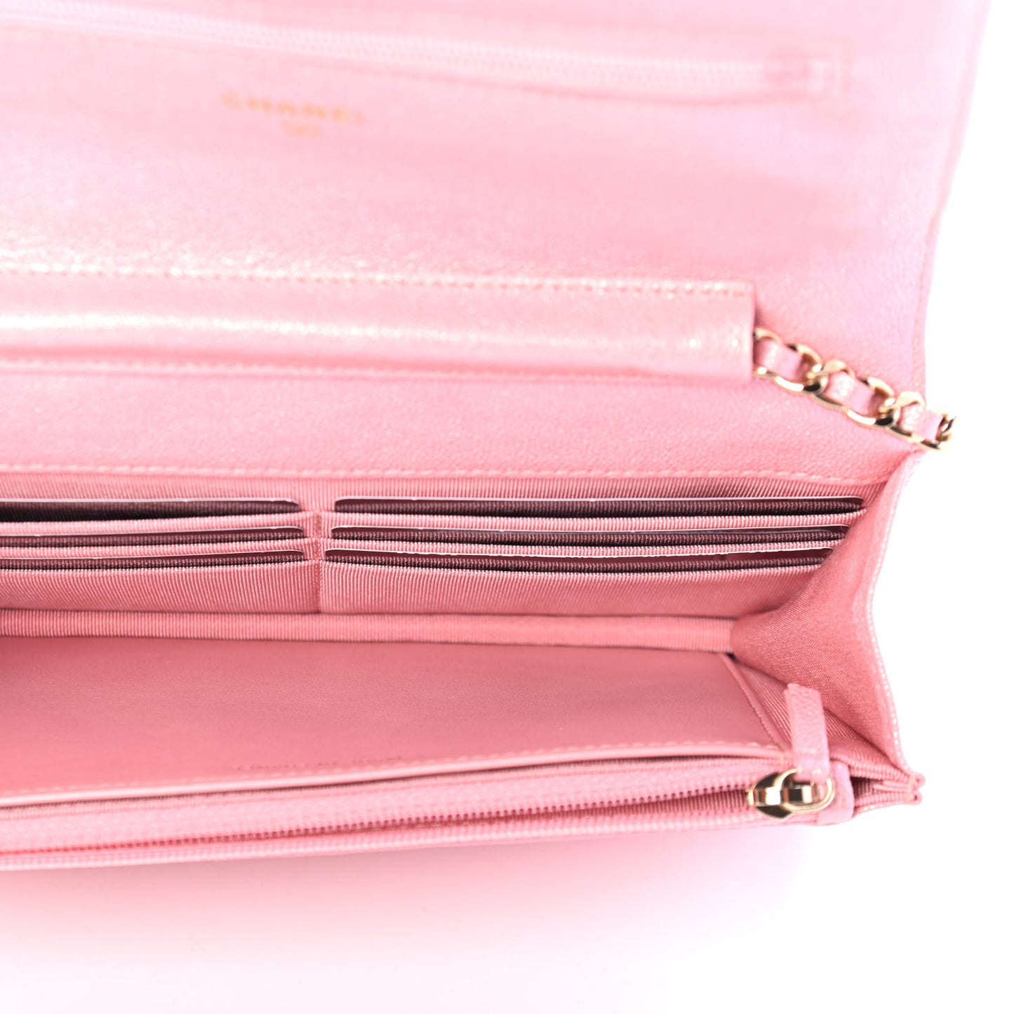 Iridescent Caviar Quilted Wallet on Chain WOC Rose Pink