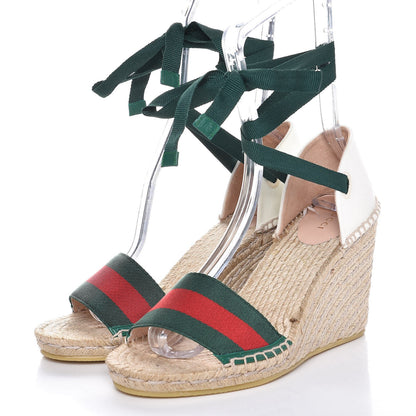 Gucci Canvas Malaga Kid Web Ankle Wrap Espadrille Wedge Sandals 40 Green Red Mystic White Emerald 2 of 11