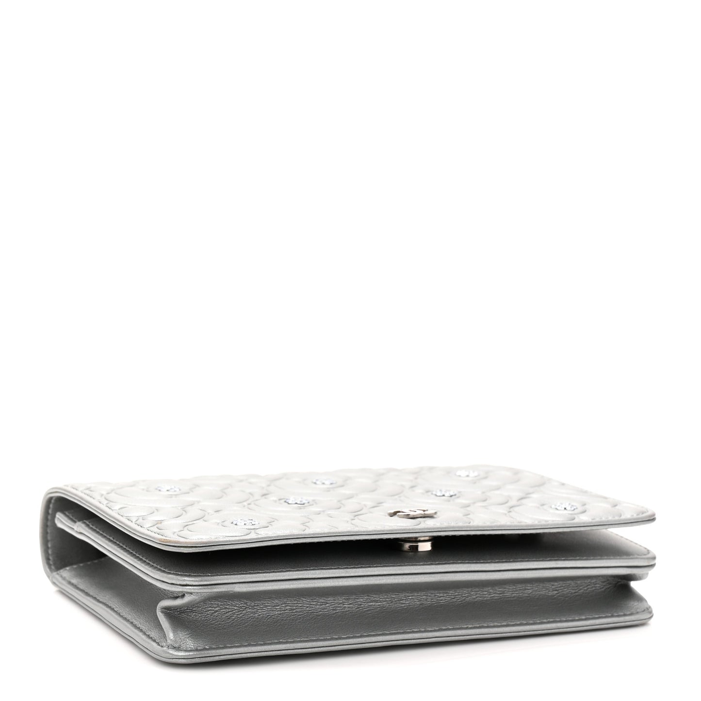 Metallic Lambskin Crystal Camellia Embossed Wallet On Chain WOC Silver