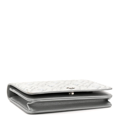 Chanel Metallic Lambskin Crystal Camellia Embossed Wallet On Chain WOC Silver 4 of 12