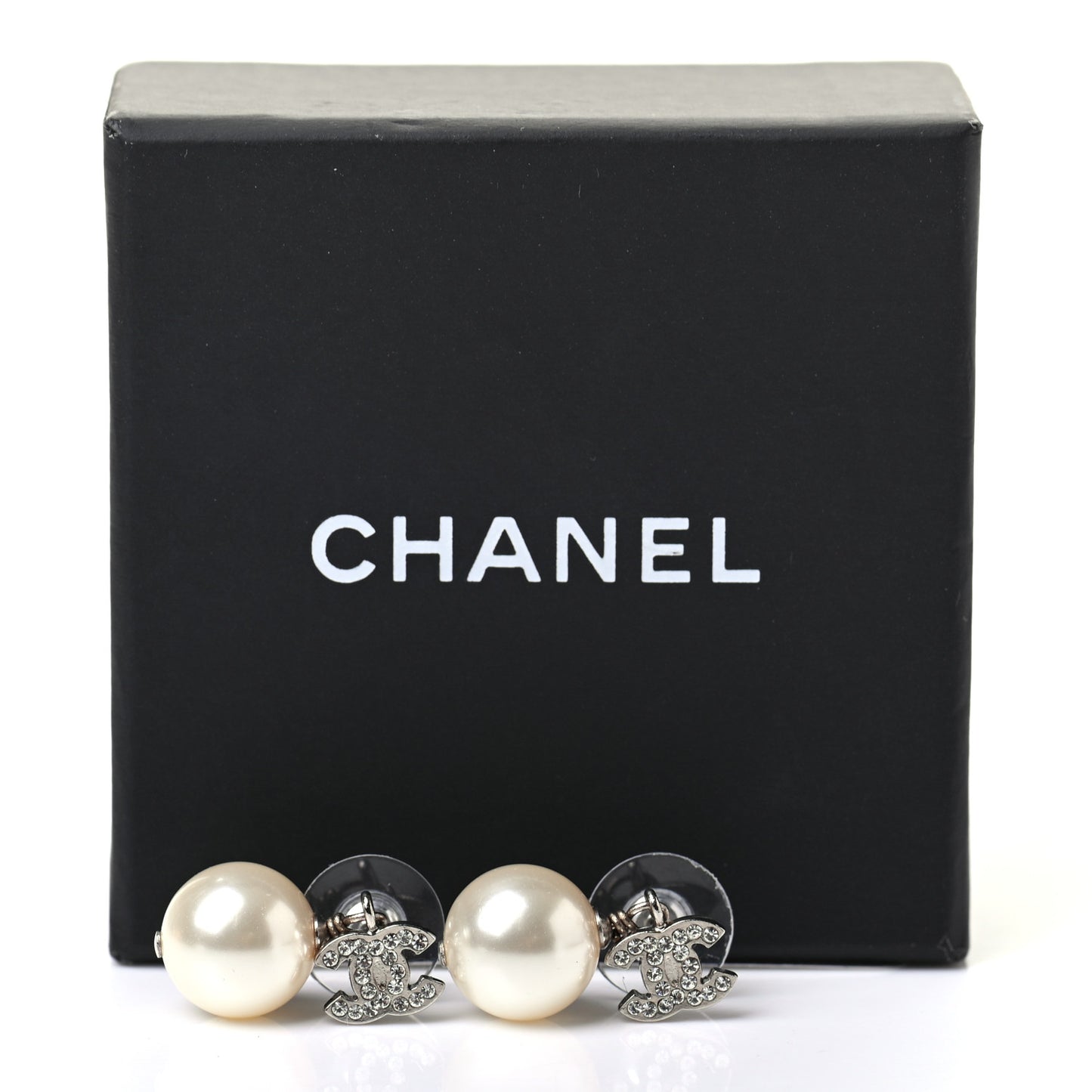 Crystal Pearl CC Drop Earrings Silver