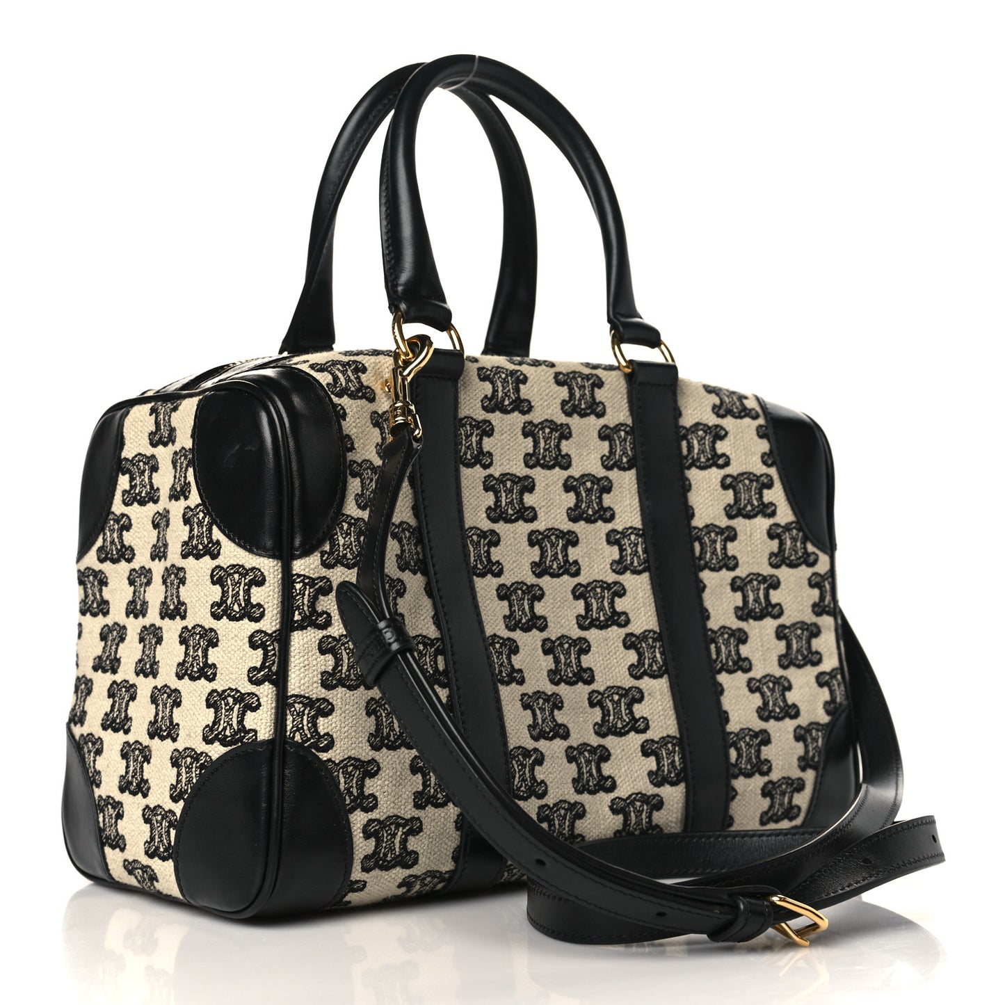 Canvas Calfskin Triomphe Embroidered Boston Bag Black