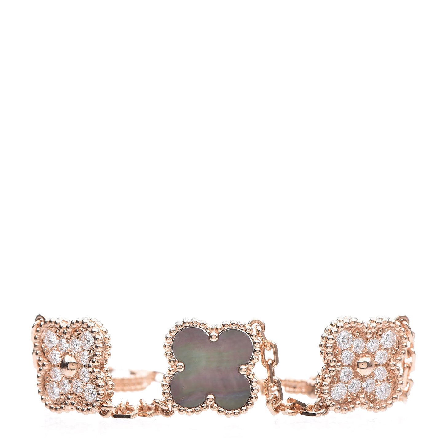 18K Rose Gold Diamond Gray Mother of Pearl 5 Motifs Vintage Alhambra Bracelet