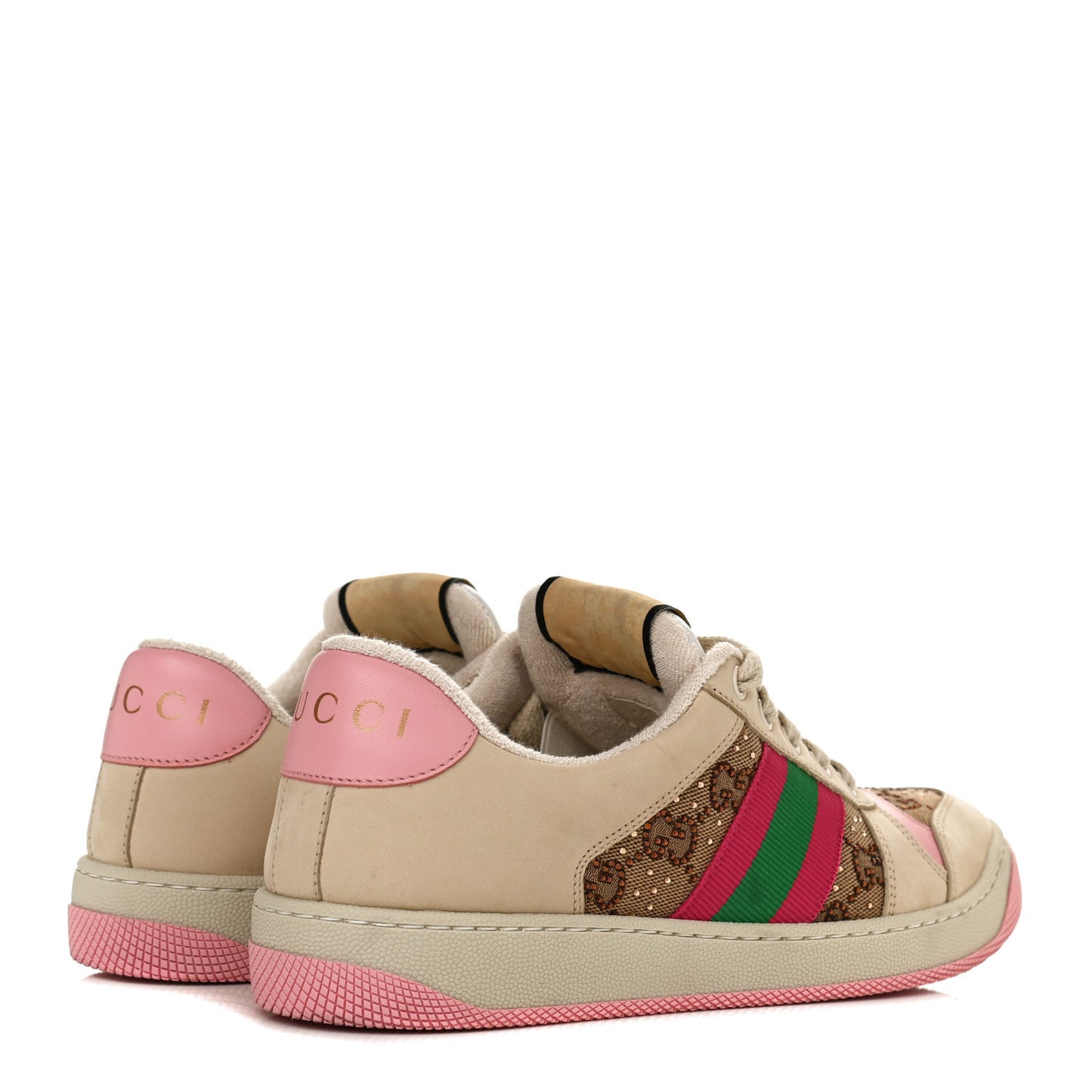 New GG Monogram Nubuck Web Crystal Embellished Womens Screener Sneakers 38 Camel Ebony Wild Rose