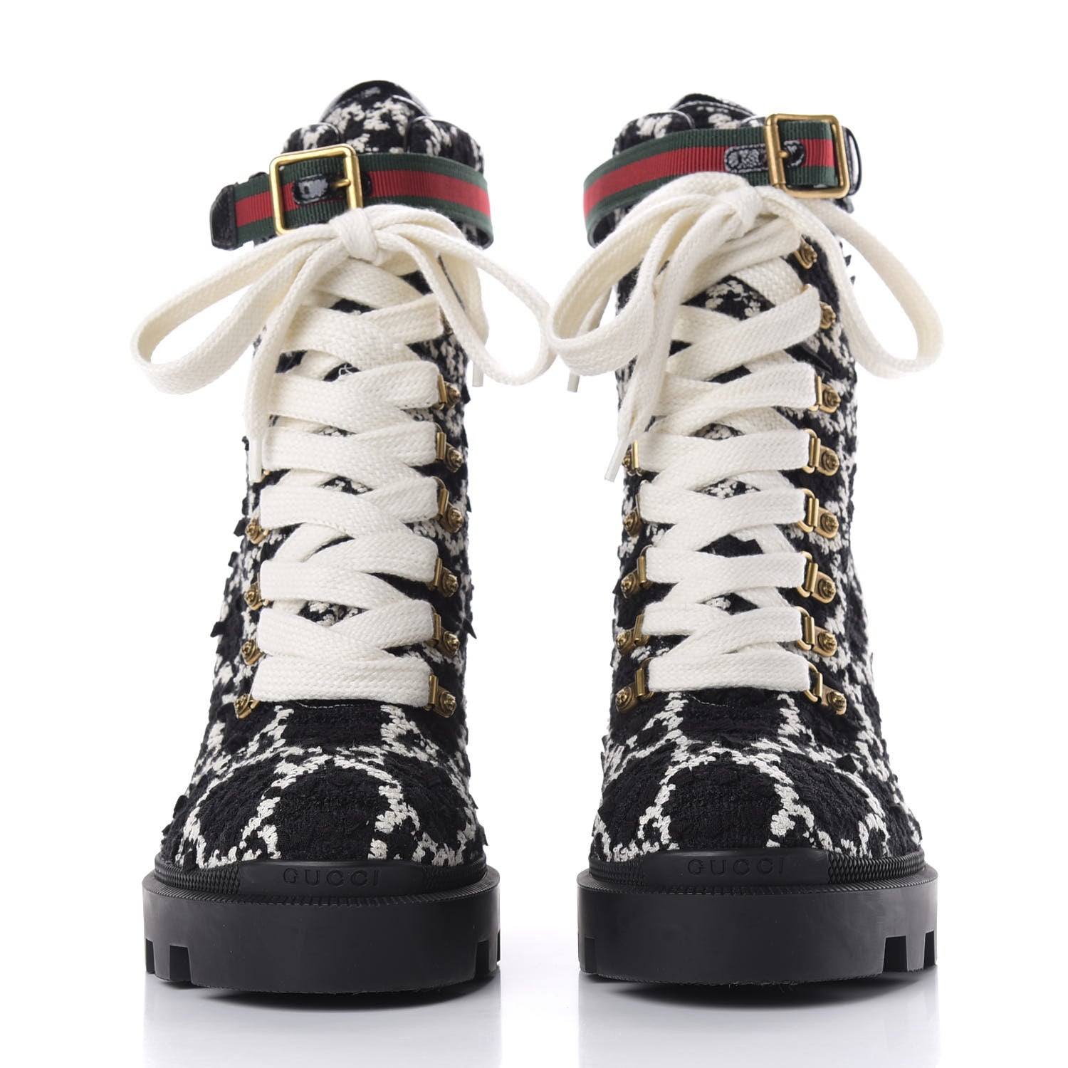 Gucci Tweed GG Monogram Lace Up Combat Ankle Boots 40.5 Black 2 of 12
