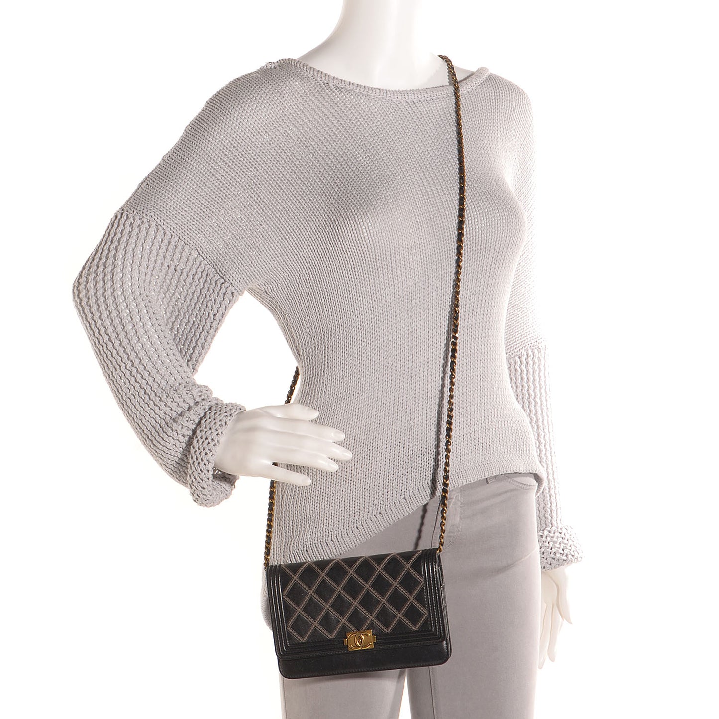 Calfskin Double Stitch Boy Wallet On Chain WOC Grey