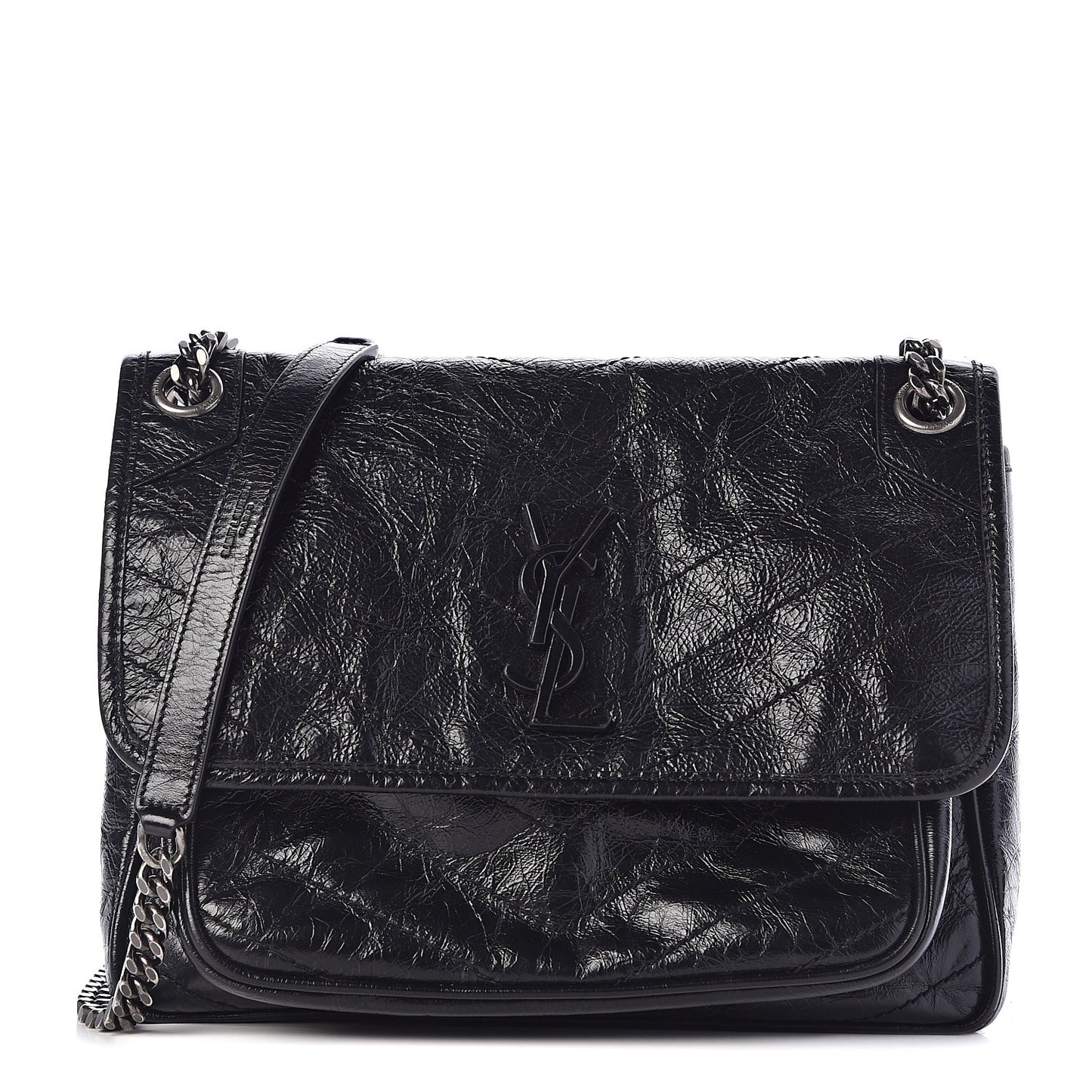 Crinkled Calfskin Matelasse Monogram Medium Niki Chain Satchel Black