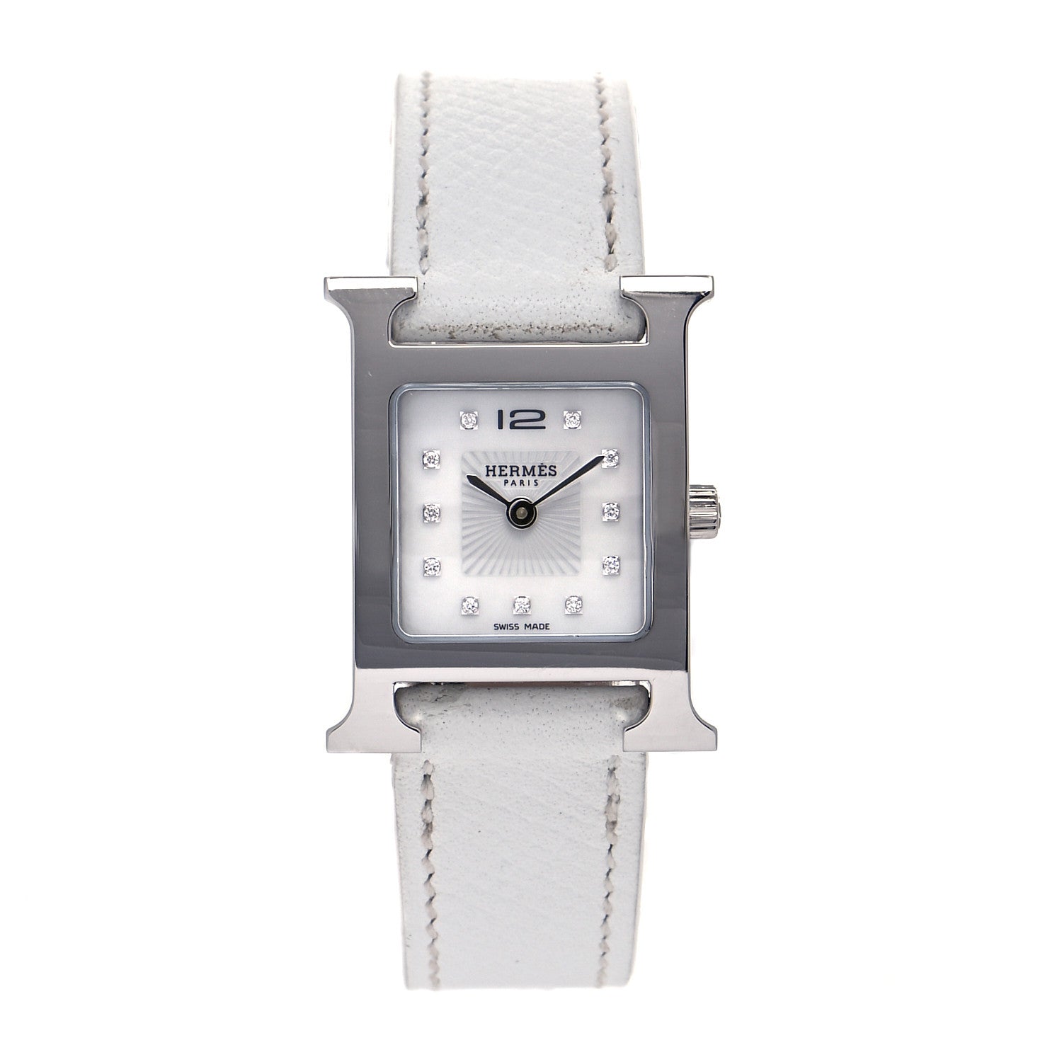 Hermes Stainless Steel Epsom Diamond Mother of Pearl 21mm Heure H Hour Quartz Watch Blanc 1 of 8