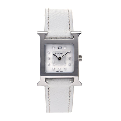 Hermes Stainless Steel Epsom Diamond Mother of Pearl 21mm Heure H Hour Quartz Watch Blanc 1 of 8