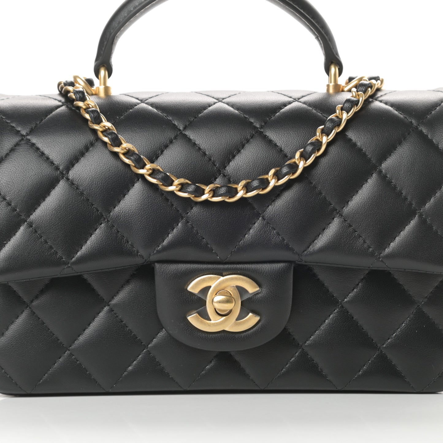 Lambskin Quilted Mini Top Handle Rectangular Flap Black