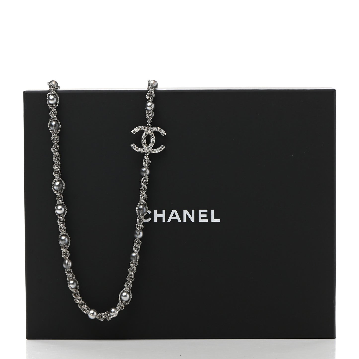 Crystal Pearl Bead CC Long Necklace Silver Grey