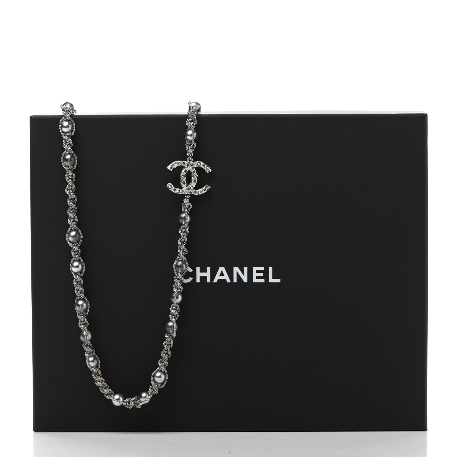 Chanel Crystal Pearl Bead CC Long Necklace Silver Grey 7 of 7