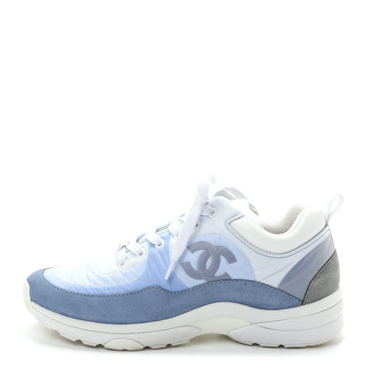 Chanel Suede Calfskin Nylon CC Sneakers 37.5 Sky Blue 1 of 10