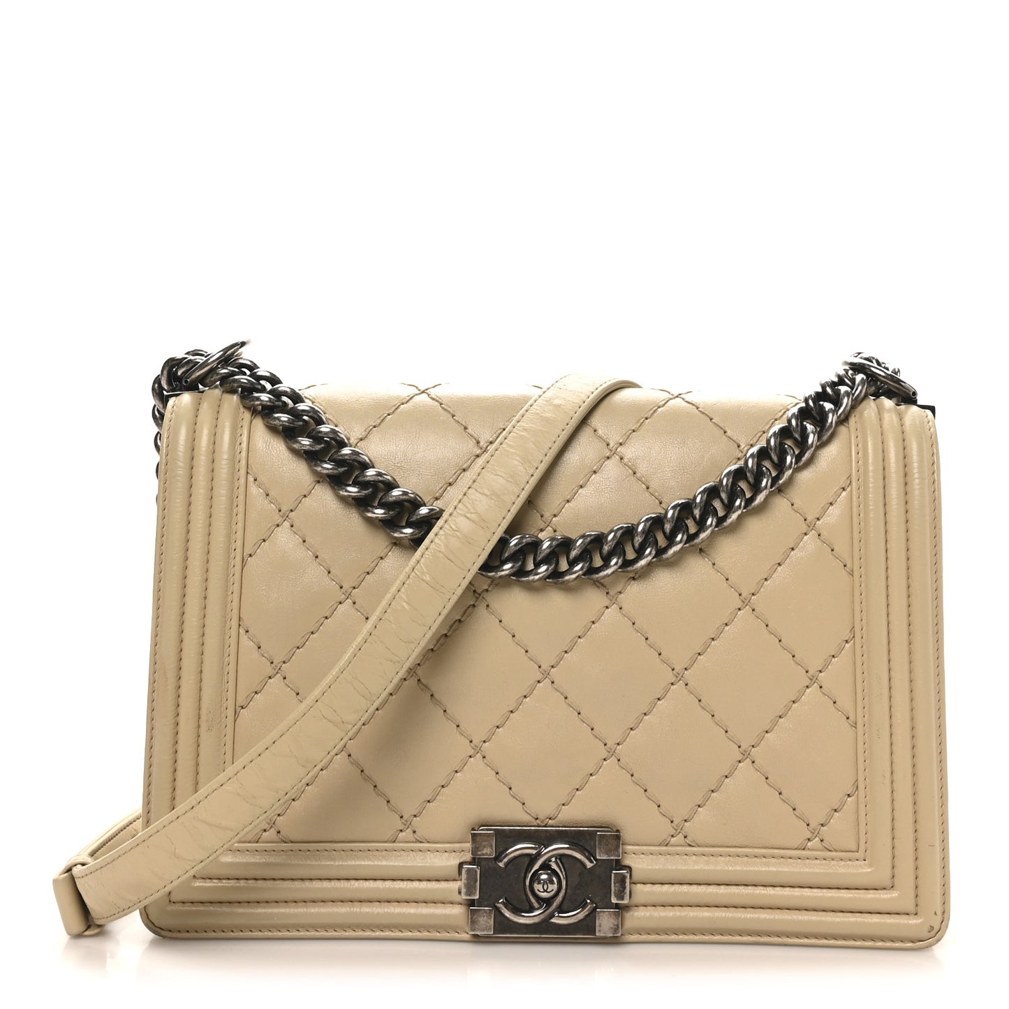 Calfskin Quilted Double Stitch New Medium Boy Flap Beige