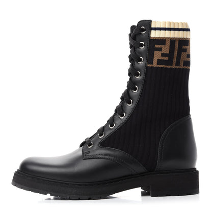 Fendi Calfskin Stretch Fabric Rockoko Biker Boots 36.5 Tobacco Black Marino 1 of 8