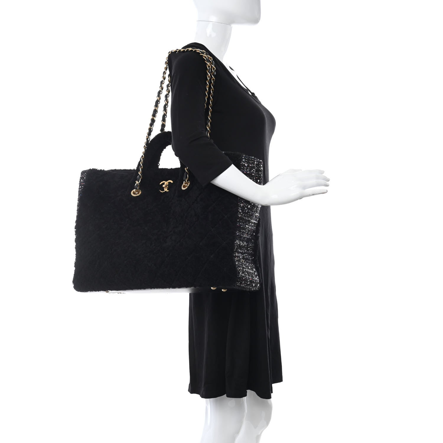 Chanel Shearling Sequin Tweed Shopper Tote Black 2 of 10