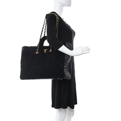 Chanel Shearling Sequin Tweed Shopper Tote Black 2 of 10