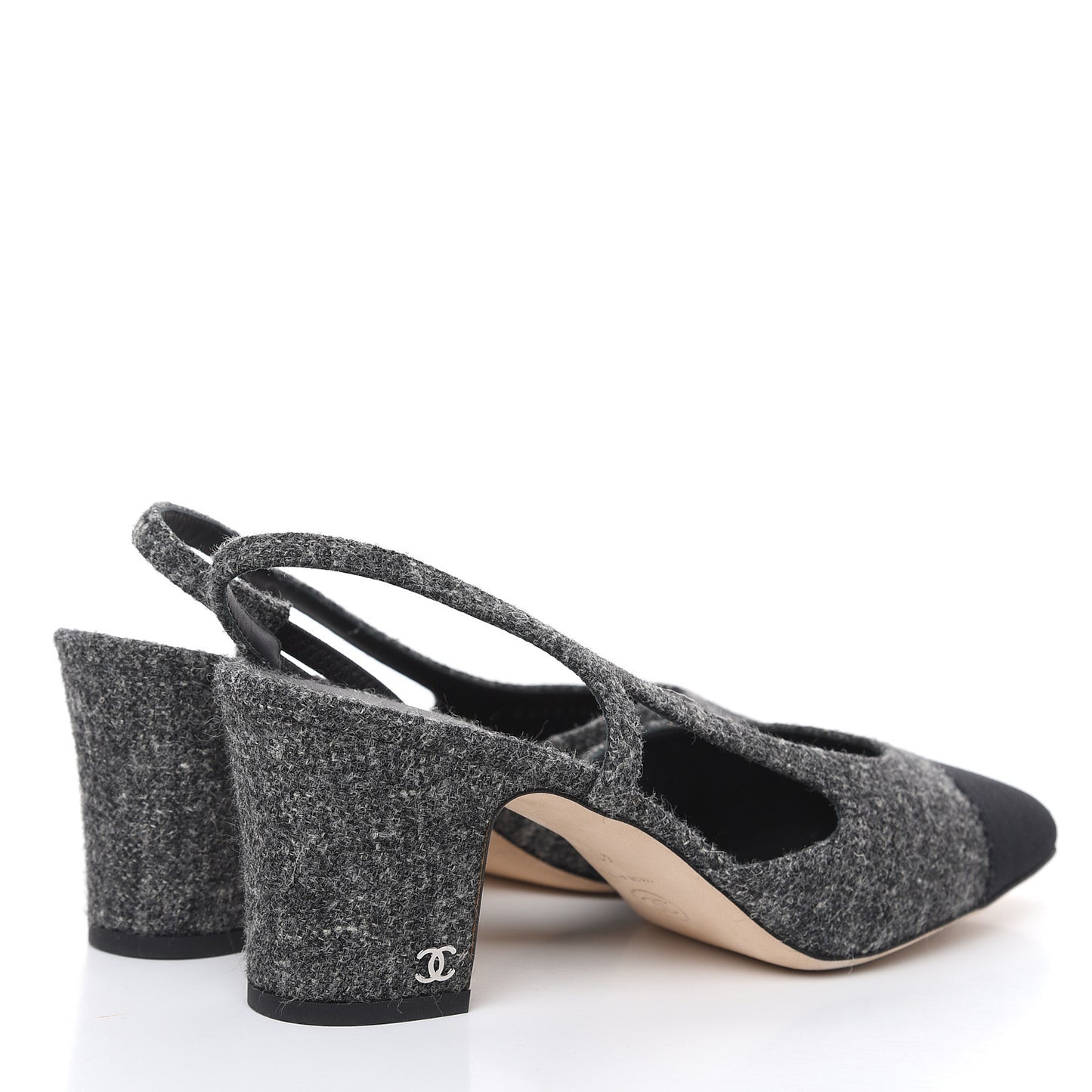 Tweed Grosgrain Cap Toe CC Slingback Pumps 40.5 Black Dark Grey