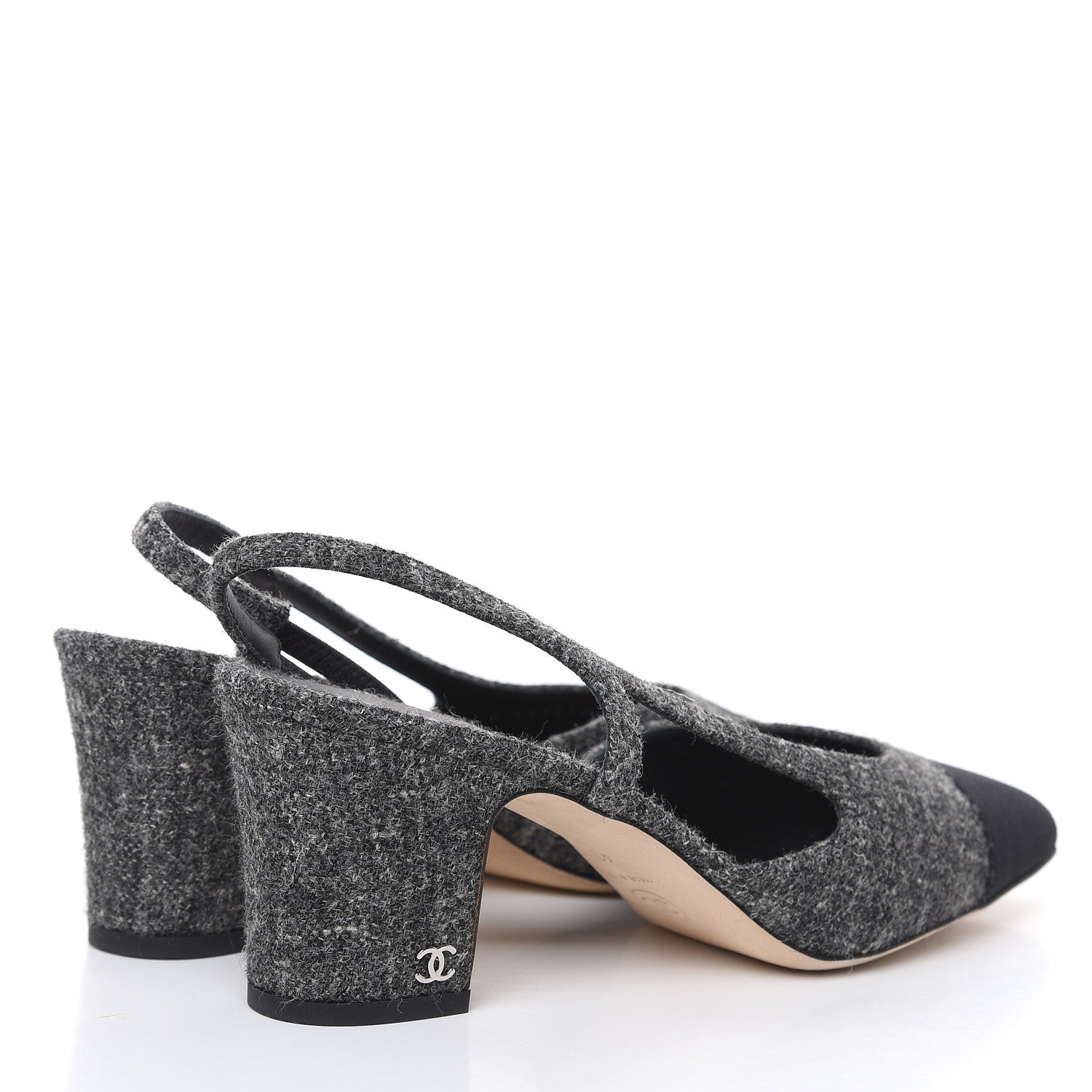 Chanel Tweed Grosgrain Cap Toe CC Slingback Pumps 40.5 Black Dark Grey 4 of 9