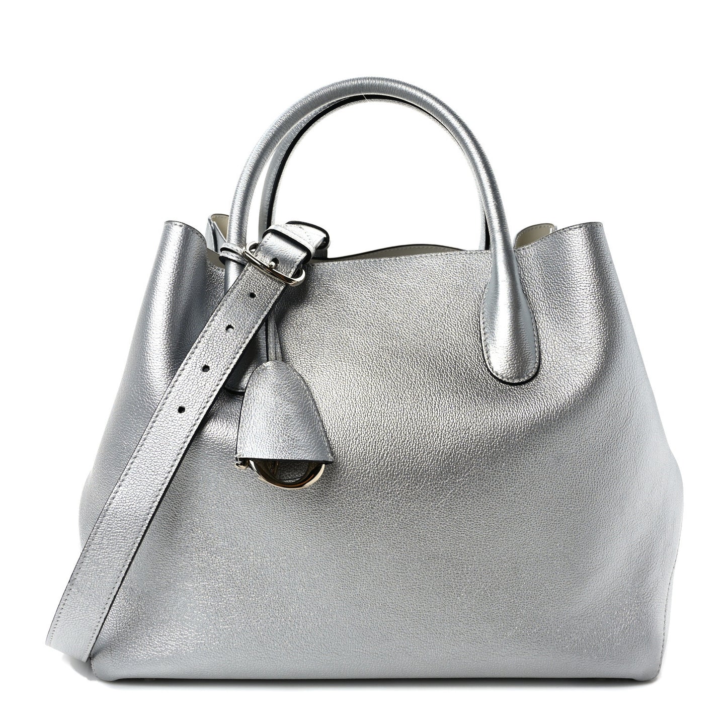 Metallic Supple Grained Calfskin Medium Open Bar Tote Silver