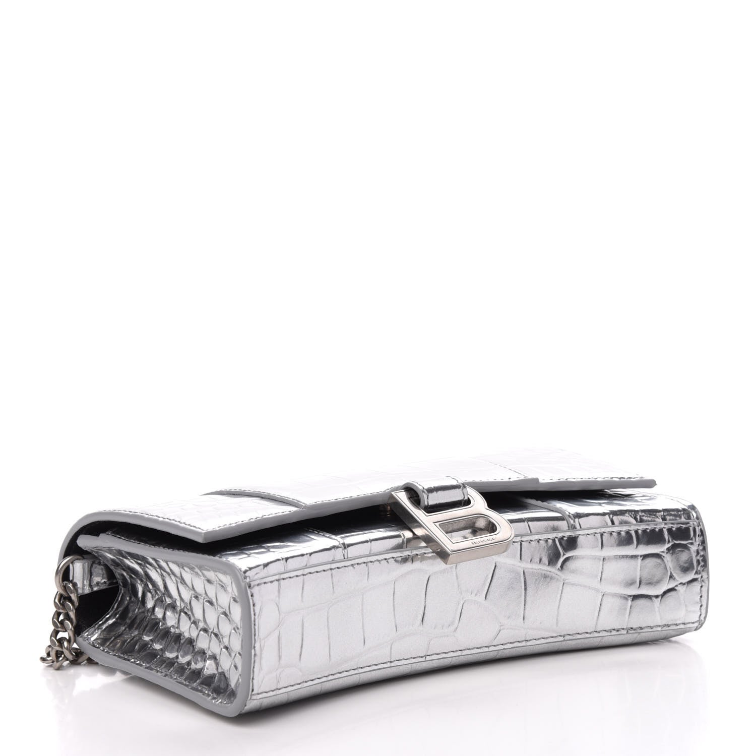 Balenciaga Metallic Calfskin Crocodile Embossed Hourglass Chain Bag Silver 4 of 9