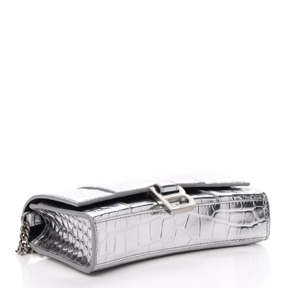 Balenciaga Metallic Calfskin Crocodile Embossed Hourglass Chain Bag Silver 4 of 9