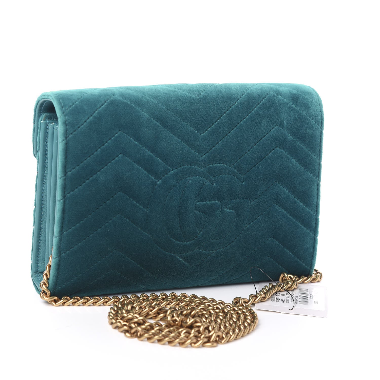Gucci Velvet Matelasse GG Marmont Chain Wallet Pavone Cyan 2 of 9