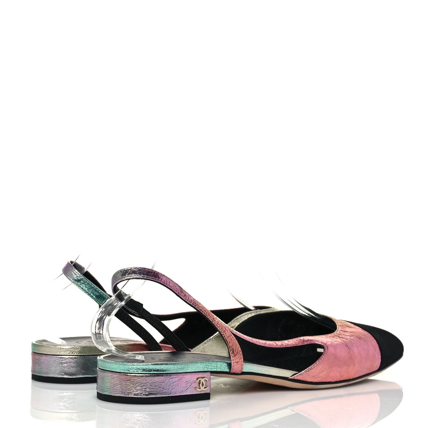 Laminated Calfskin Grosgrain Cap Toe CC Slingback Flats 40 Multicolor Black