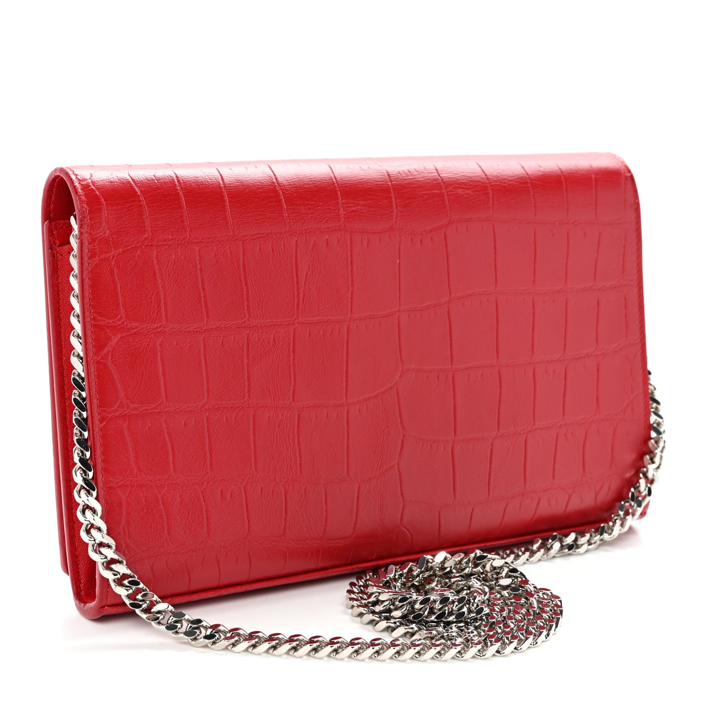 Calfskin Crocodile Embossed Monogram Chain Wallet New Red