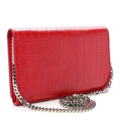 Saint Laurent Calfskin Crocodile Embossed Monogram Chain Wallet New Red 3 of 11