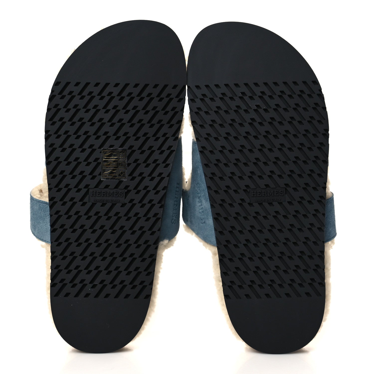 Hermes Suede Goatskin Woolskin Womens Chypre Sandals 37.5 Bleu Pinede Ecru 5 of 8