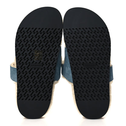 Hermes Suede Goatskin Woolskin Womens Chypre Sandals 37.5 Bleu Pinede Ecru 5 of 8