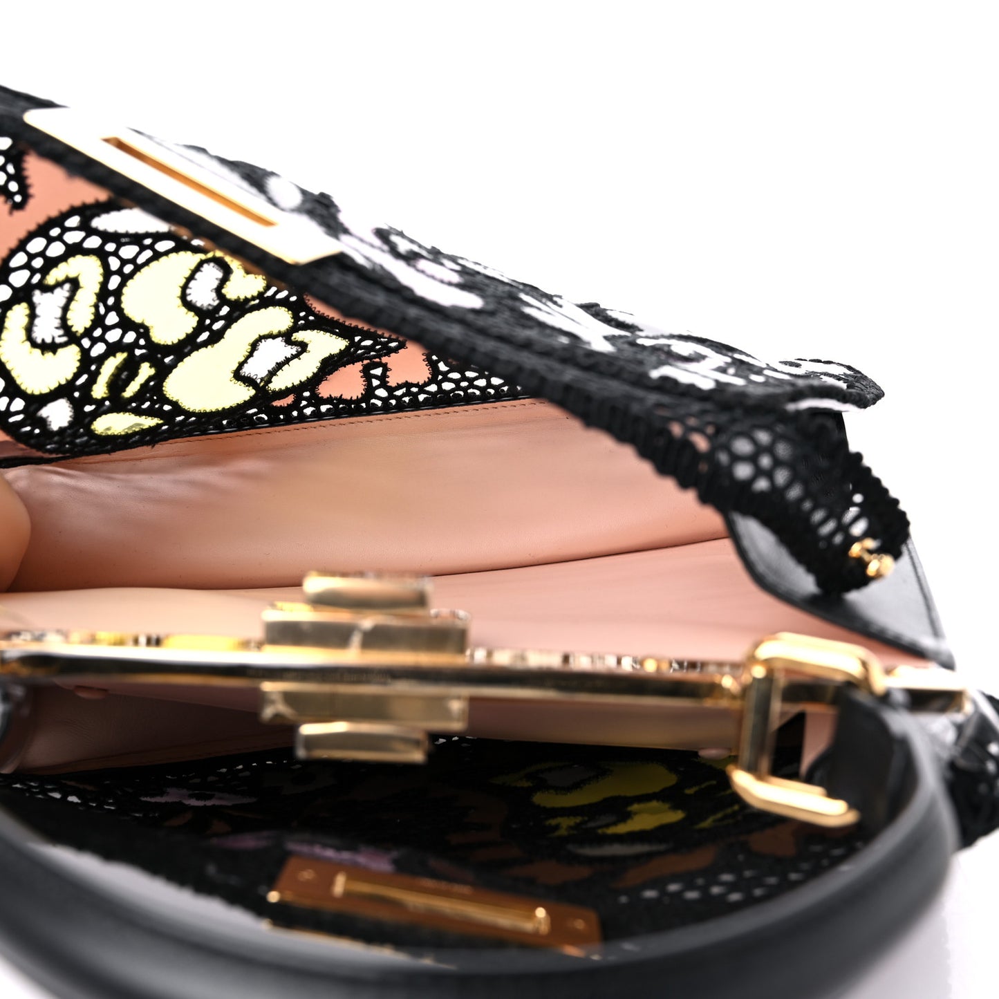 Calfskin Lace Medium Peekaboo I SEE U Satchel Black Multicolor Light Rose