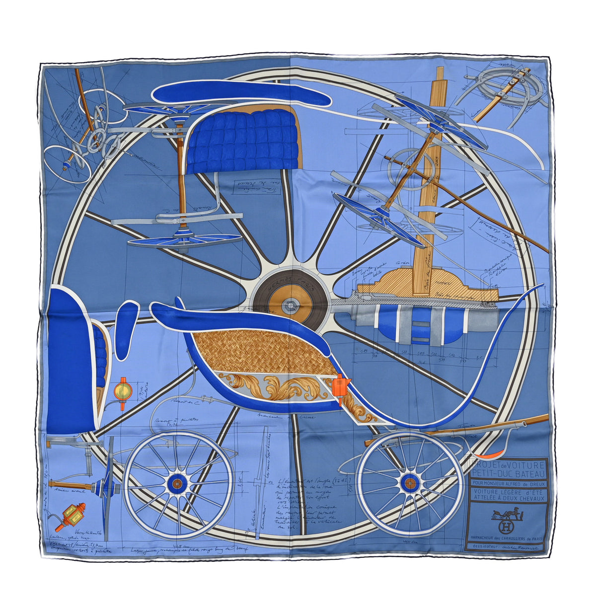 Hermes Silk Printed Petit Duc Scarf 90 Blue 1 of 3