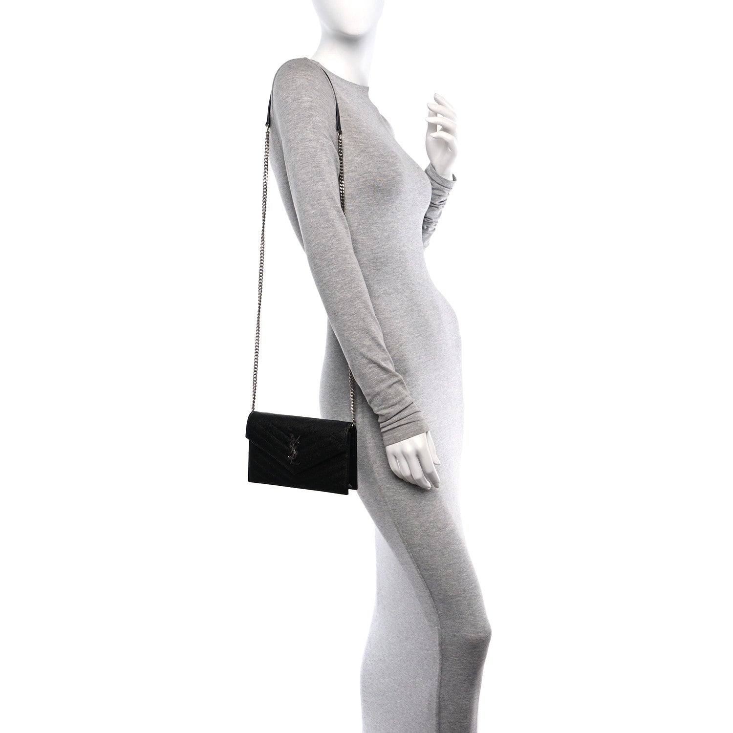 Saint Laurent Grain De Poudre Matelasse Chevron Monogram Envelope Chain Wallet Black 2 of 10