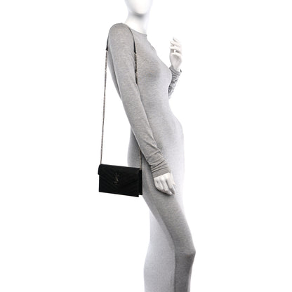 Saint Laurent Grain De Poudre Matelasse Chevron Monogram Envelope Chain Wallet Black 2 of 10
