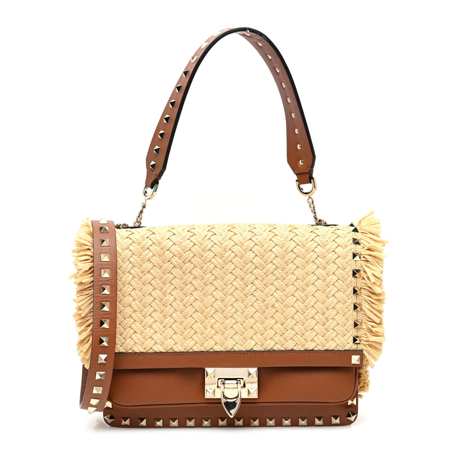 Valentino Garavani Raffia Woven Calfskin Rockstud Bag Natural Saddle Brown 1 of 9