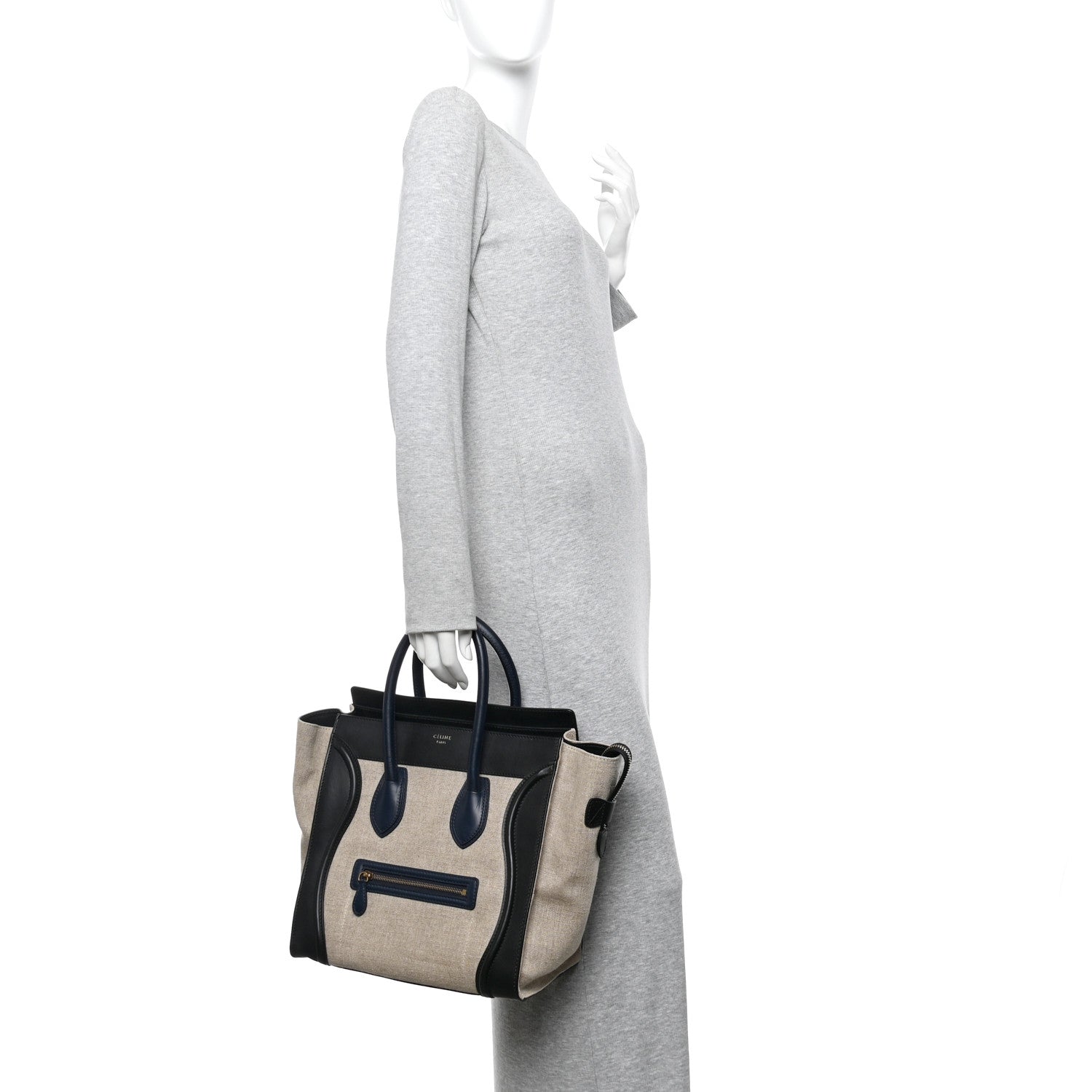Celine Smooth Calfskin Linen Tricolor Mini Luggage Black Khaki Navy 2 of 13