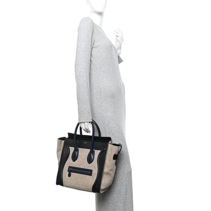Celine Smooth Calfskin Linen Tricolor Mini Luggage Black Khaki Navy 2 of 13
