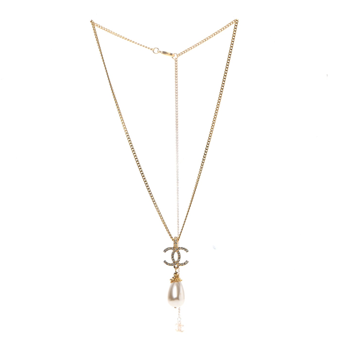 Pearl Crystal Twisted CC Drop Necklace Gold