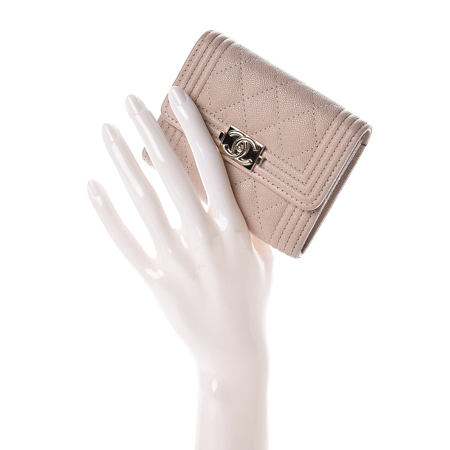 Iridescent Caviar Quilted Boy Card Holder Wallet Beige
