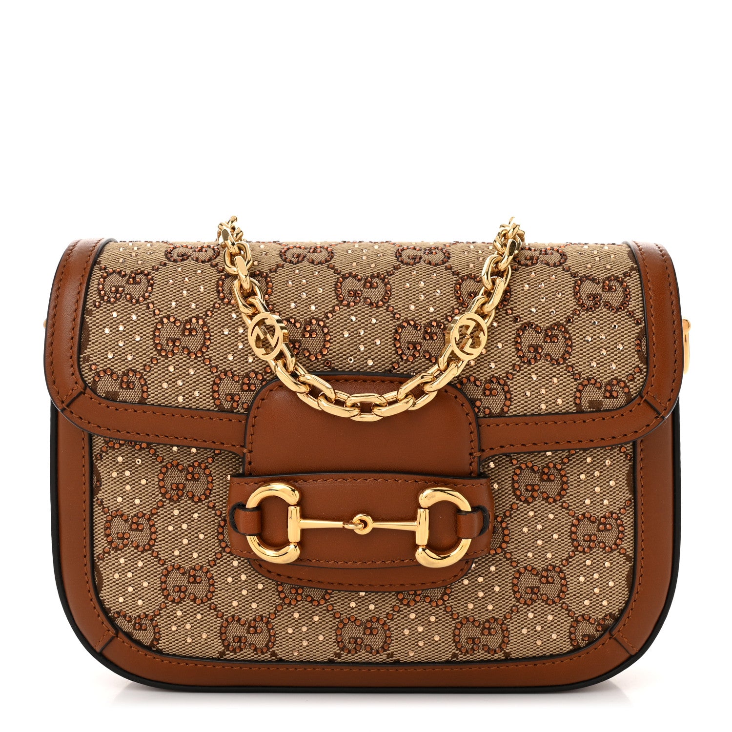 Gucci New Canvas Charisma Calfskin Crystal GG Monogram Mini Horsebit 1955 Shoulder Bag Camel Ebony 1 of 10