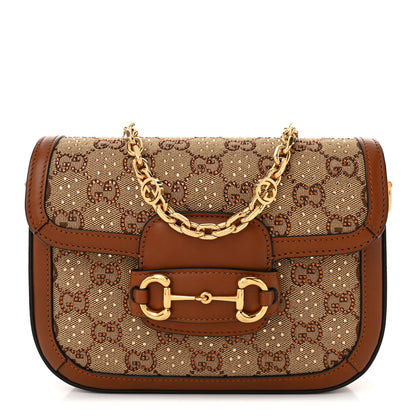 Gucci New Canvas Charisma Calfskin Crystal GG Monogram Mini Horsebit 1955 Shoulder Bag Camel Ebony 1 of 10