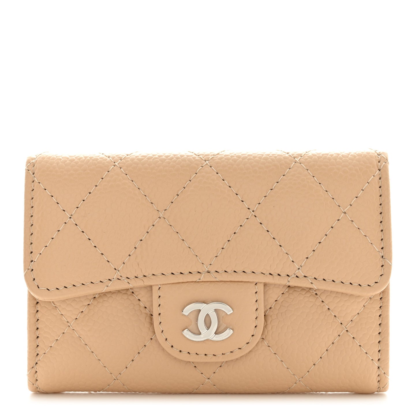 Caviar Quilted Flap Card Holder Wallet Beige