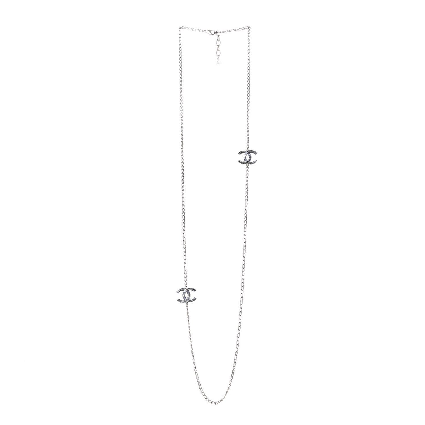 Crystal Baguette CC Double Strand Necklace Silver Blue