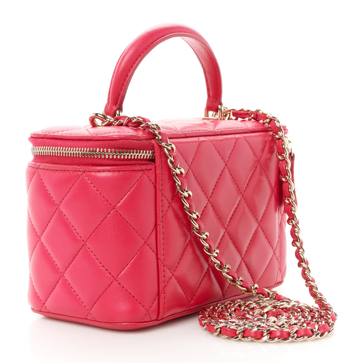 Lambskin Quilted Small Top Handle Vanity Case With Chain Dark Pink