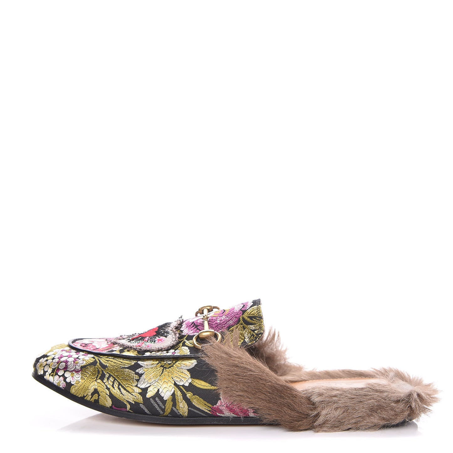 Jacquard Fur Floral Embroidered Womens Princetown Slippers 38.5 Black Multicolor