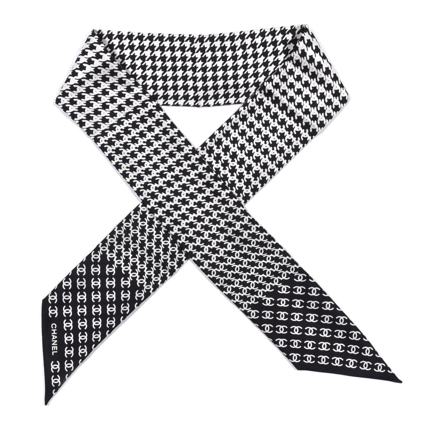 Silk Twill Houndstooth Slim Bandeau Scarf Black Ecru