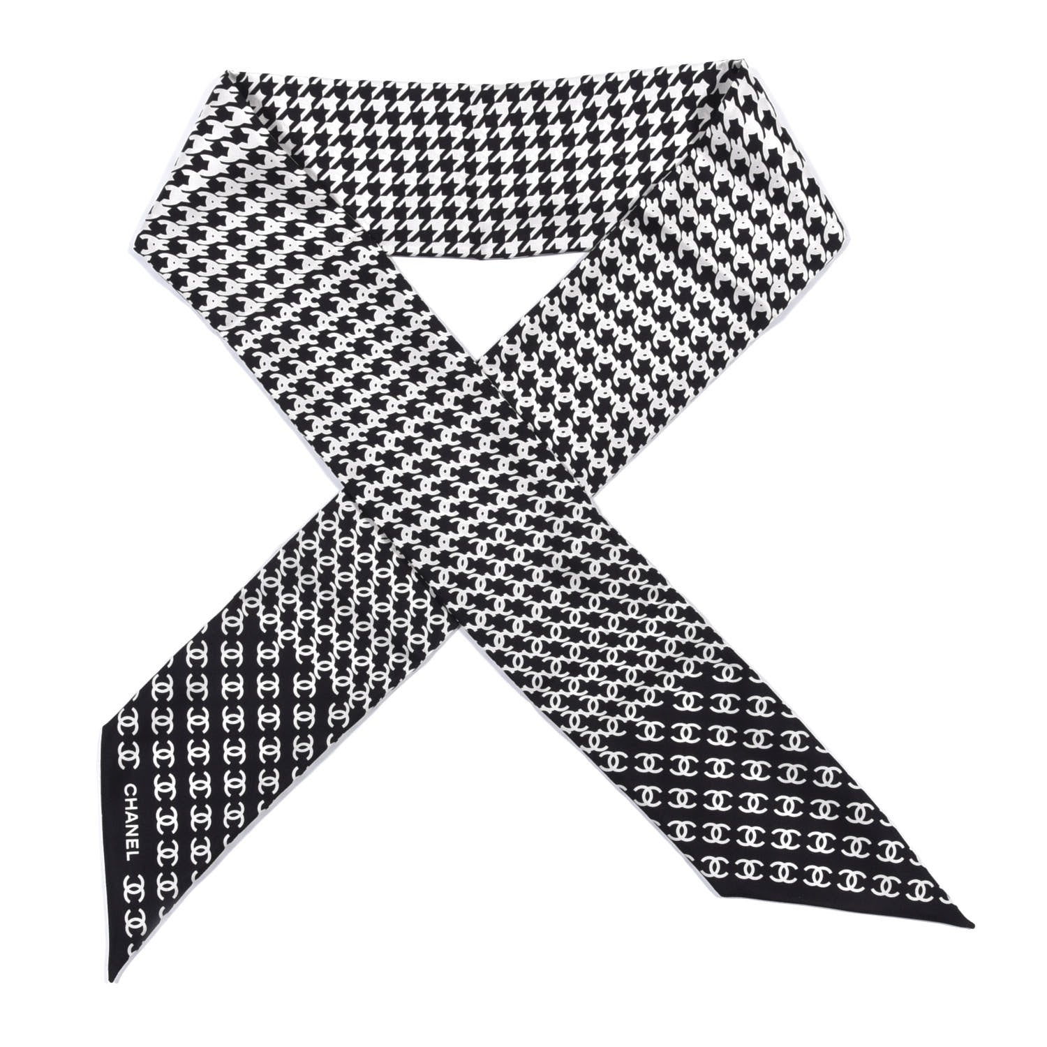 Chanel Silk Twill Houndstooth Slim Bandeau Scarf Black Ecru 1 of 4